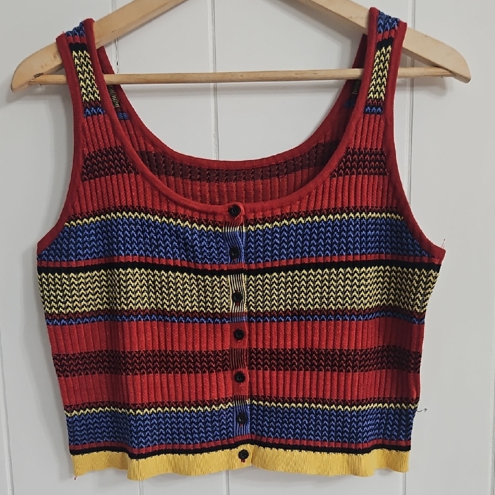 Striped Knit Tank Top Button Front Multicolor Crop Tank Size M/L